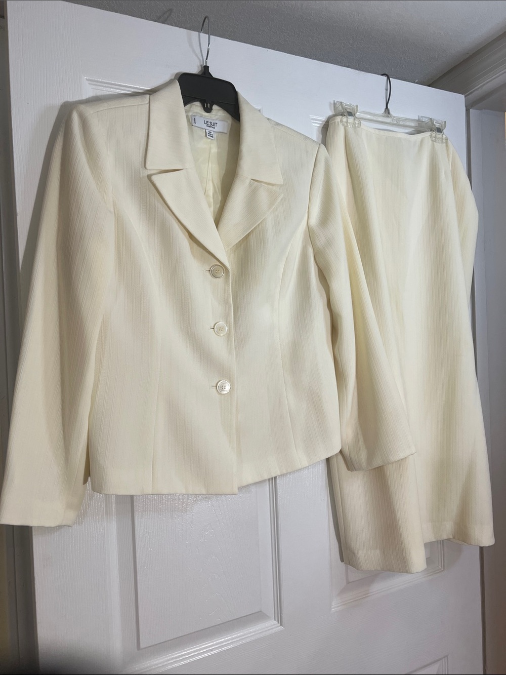 Le Suit Cream Two-Piece Skirt Set - Jacket & Pencil Skirt